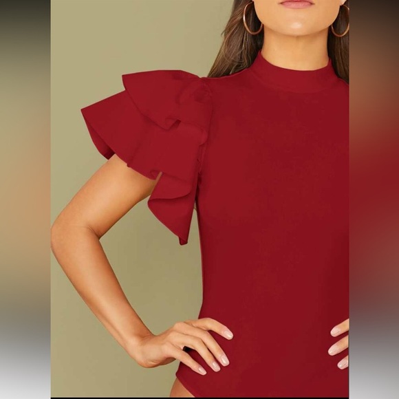 SHEIN Mulvari Mock Neck Exaggerated Ruffle Trim Bodysuit – Burgundy, Medium, NEW - Picture 4 of 4